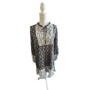 Zara Long Sleeve Dress Peephole Tie Lightweight Black White Size L